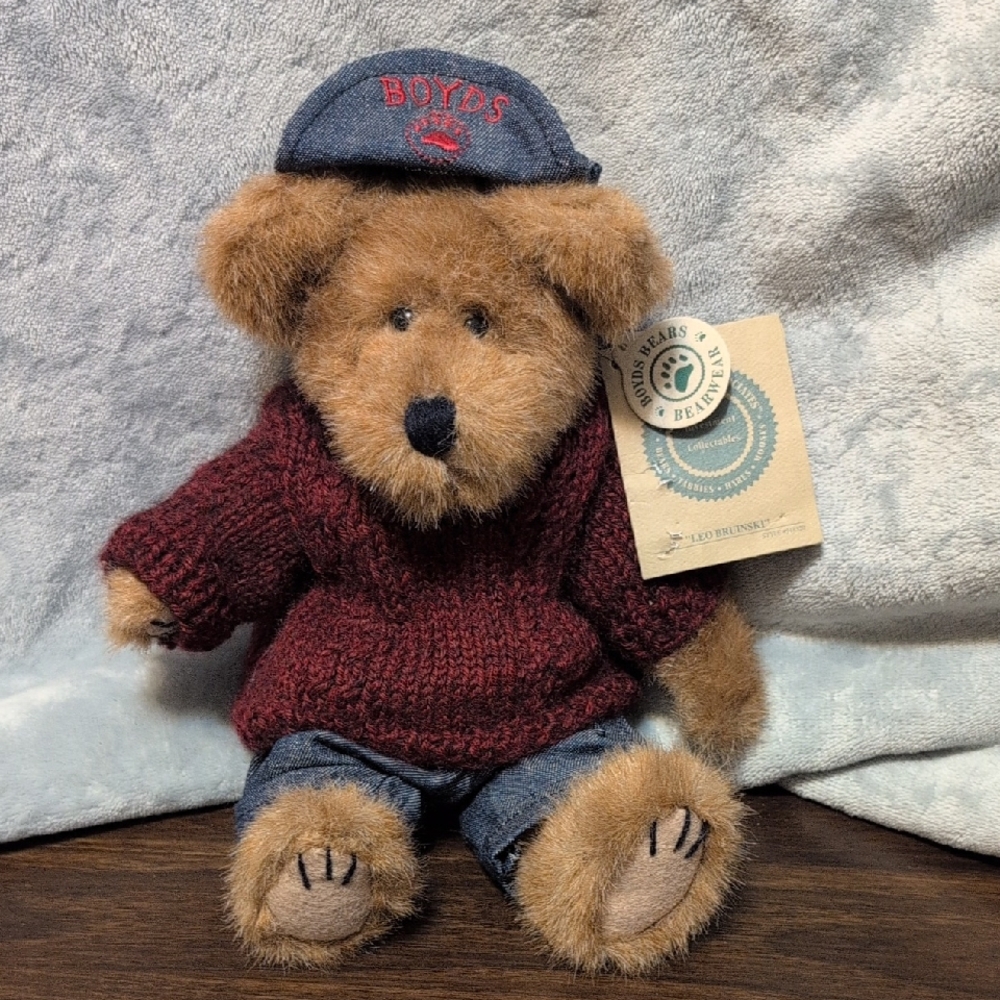 Boyds Bears Leo Bruinsky Plush with Red Sweater and Blue Cap